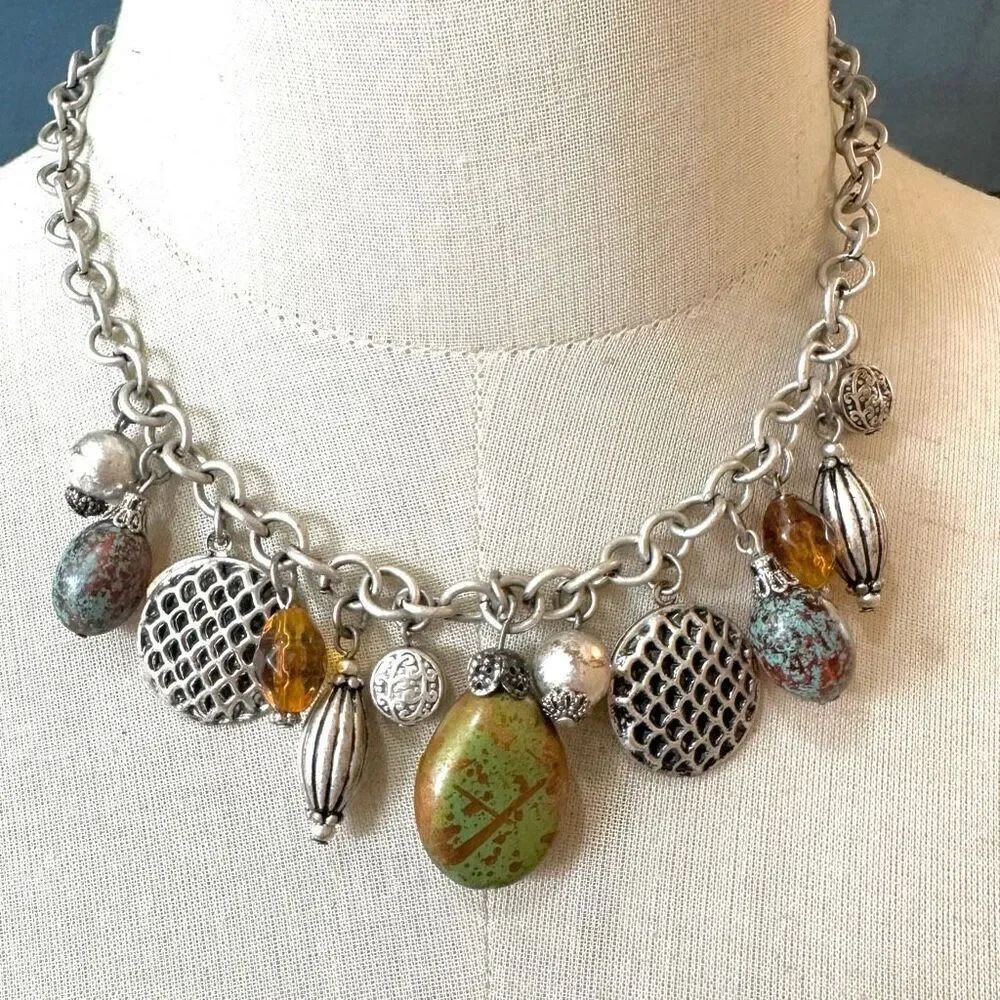 Silver tone multi beaded charm necklace